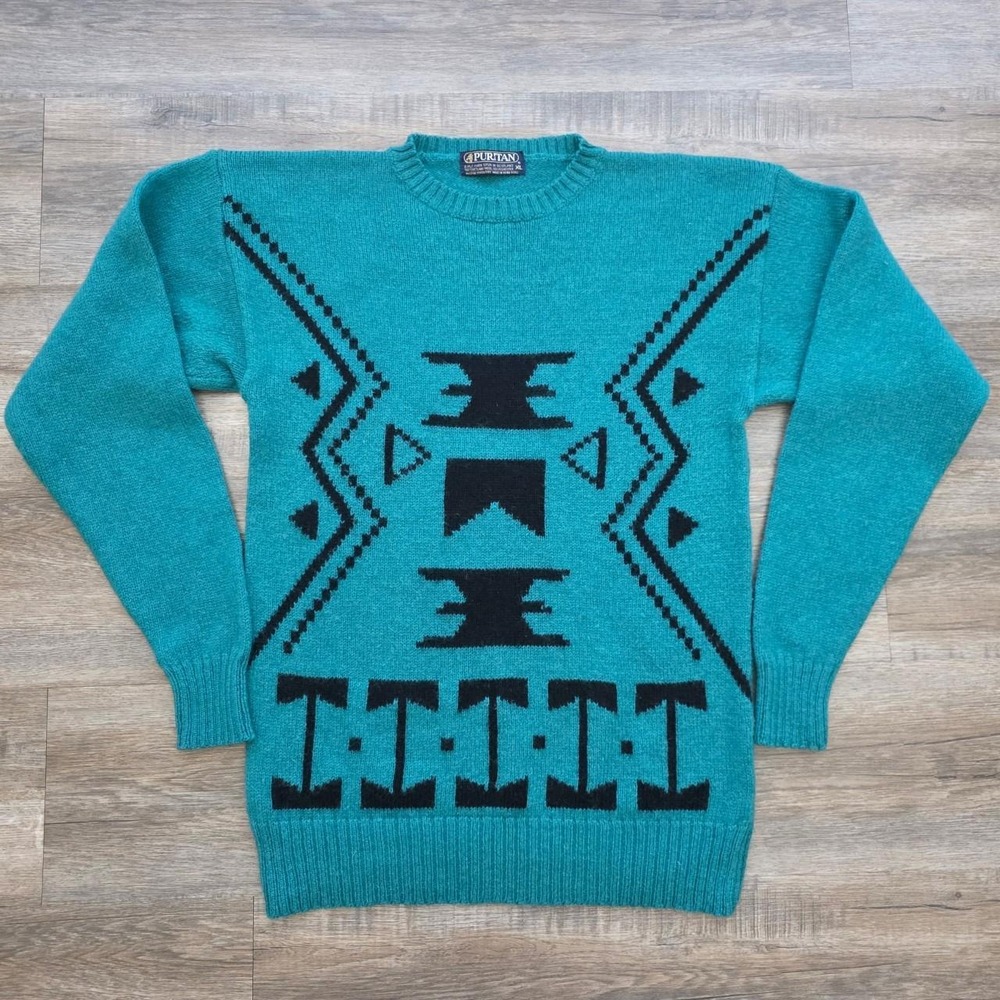 Vintage Puritan 80s Teal Geometric Wool Grandpa Sweater Mens Small Southwestern